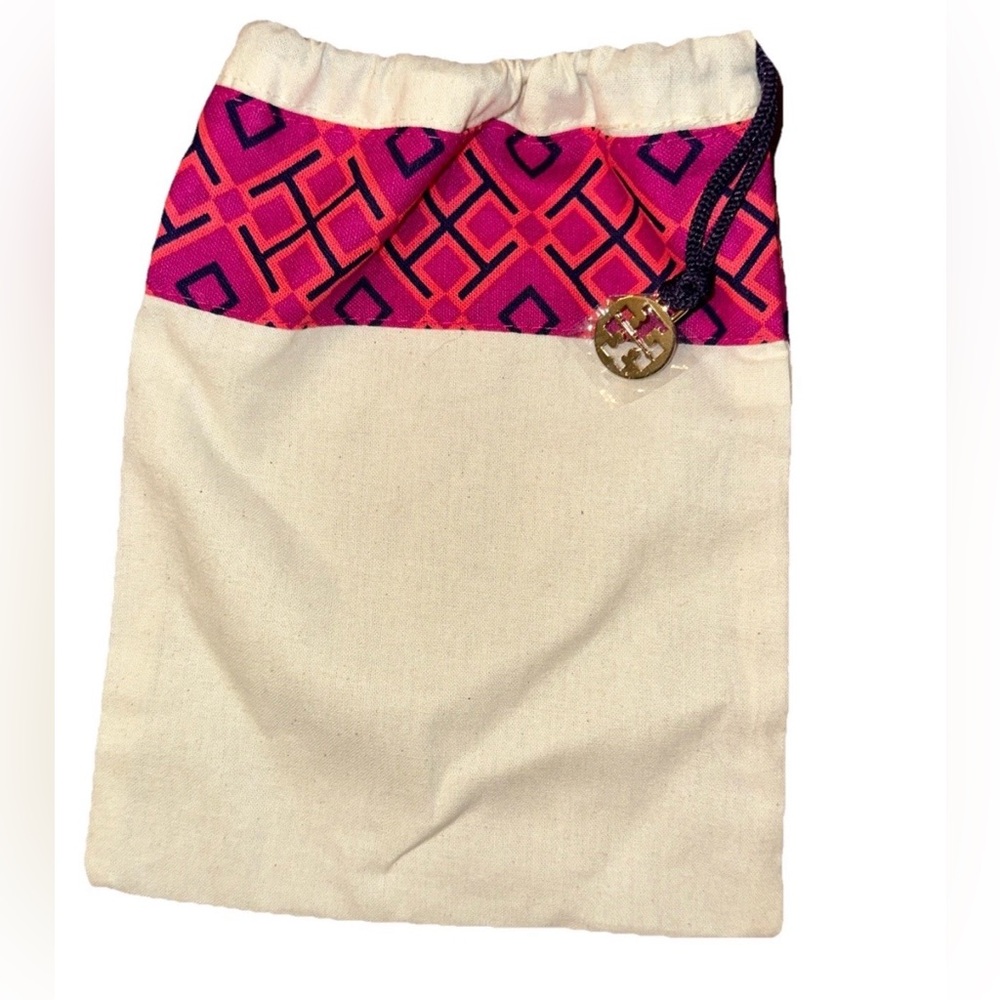 Tory Burch XSmall Dust Bag Beige Canvas Drawstring Bag Logo Pouch Charm NEW Pink